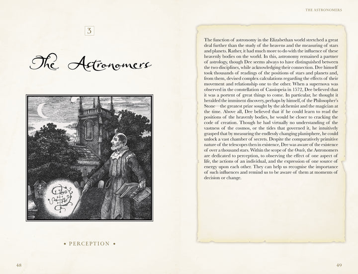 A book by Schiffer Publishing, Ltd. with text and a drawing of Dr. John Dee, featuring insights inspired by The John Dee Oracle.