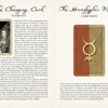 A two-page spread from Schiffer Publishing's The John Dee Oracle shows a black-and-white portrait of Queen Elizabeth I, text about The Changing Card and Dr. John Dee, and an illustrated card back with a gold Mercury symbol on red.