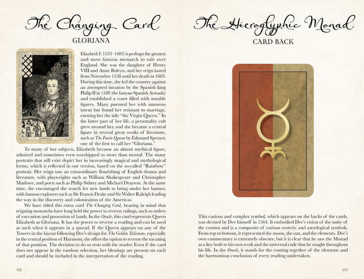 A two-page spread from Schiffer Publishing's The John Dee Oracle shows a black-and-white portrait of Queen Elizabeth I, text about The Changing Card and Dr. John Dee, and an illustrated card back with a gold Mercury symbol on red.