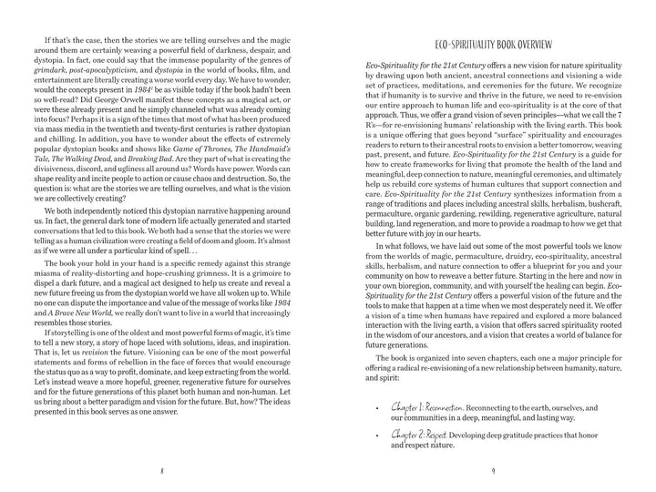 A two-page spread from Schiffer Publishing, Ltd.’s "Eco-Spirituality in the 21st Century" shows dense eco-spirituality text on the left and a summary of the book’s purpose, approach, and first two nature spirituality chapters on the right.