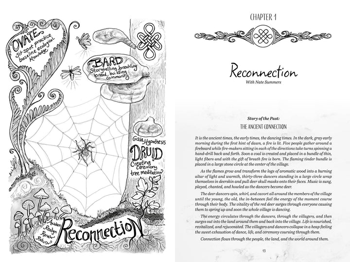 Two pages from Eco-Spirituality in the 21st Century (Schiffer Publishing, Ltd.): left shows hand-drawn art with a spider web, plants, a bee, and words “Ovates,” “Bards,” “Druids”; right starts Chapter 1, “Reconnection,” on nature spirituality.