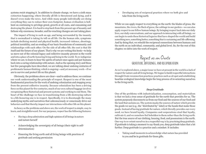 A two-page spread in Eco-Spirituality in the 21st Century (Schiffer Publishing, Ltd.) explores environmental respect. The right page features “Respect as an Overture,” “Deep Gratitude,” and foliage evoking nature spirituality.