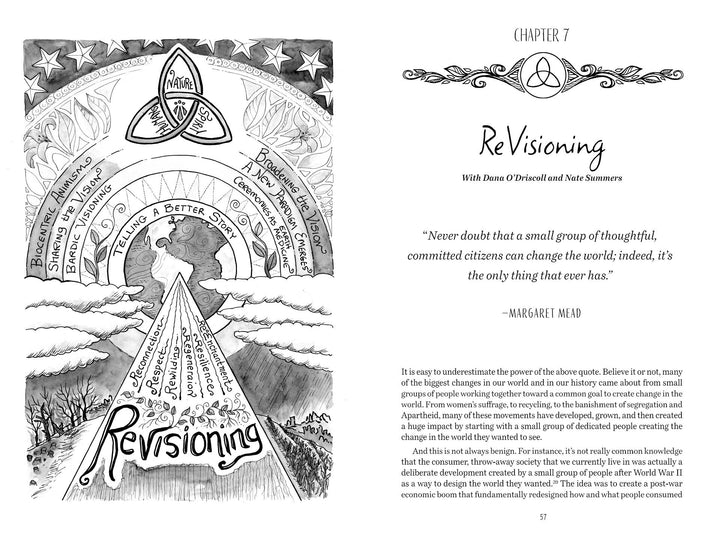 A black and white illustration from "Eco-Spirituality in the 21st Century" (Schiffer Publishing, Ltd.) features a robed figure under a tree, banners reading “Dreaming a New Story,” and introduces Chapter 7: “ReVisioning.”.