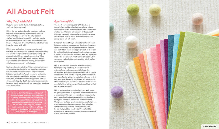A fan-shaped display of colorful felt sheets with pastel felt balls above, inspiring beginner crafts and handmade decor. Text highlights felt's qualities. Featured: "HeartFELT Crafts to Make and Give" by Schiffer Publishing, Ltd.