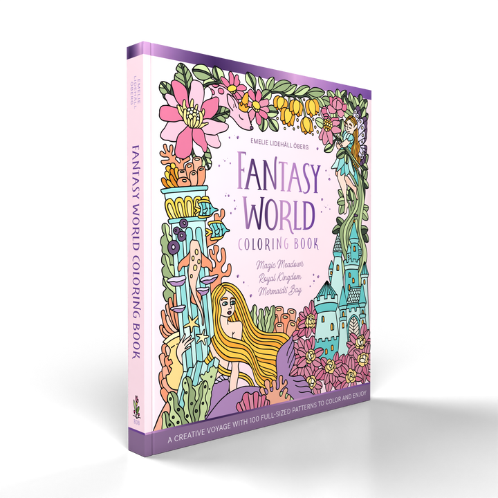 The Fantasy World Coloring Book MAGIC MEADOWS - ROYAL KINGDOM - MERMAIDS’ BAY by Schiffer Publishing, Ltd. features whimsical designs of flowers, mermaids, unicorns, and magical castles on a pastel-colored cover.