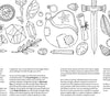 Black-and-white line art of fantasy objects—potion bottle, sword, key, and Field Notes book—surrounds an intro to a creative adventure with whimsical coloring designs in Schiffer Publishing's Fantasy World Coloring Book: MAGIC MEADOWS - ROYAL KINGDOM - MERMAIDS’ BAY.