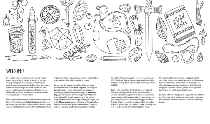 Black-and-white line art of fantasy objects—potion bottle, sword, key, and Field Notes book—surrounds an intro to a creative adventure with whimsical coloring designs in Schiffer Publishing's Fantasy World Coloring Book: MAGIC MEADOWS - ROYAL KINGDOM - MERMAIDS’ BAY.