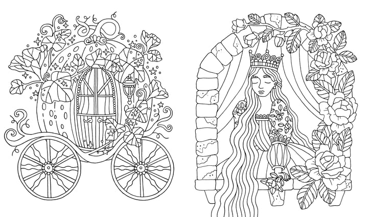 Line drawing of a pumpkin carriage and princess beside a rose-covered tower, perfect for fans of whimsical coloring—featured in Schiffer Publishing's "Fantasy World Coloring Book: MAGIC MEADOWS - ROYAL KINGDOM - MERMAIDS’ BAY.