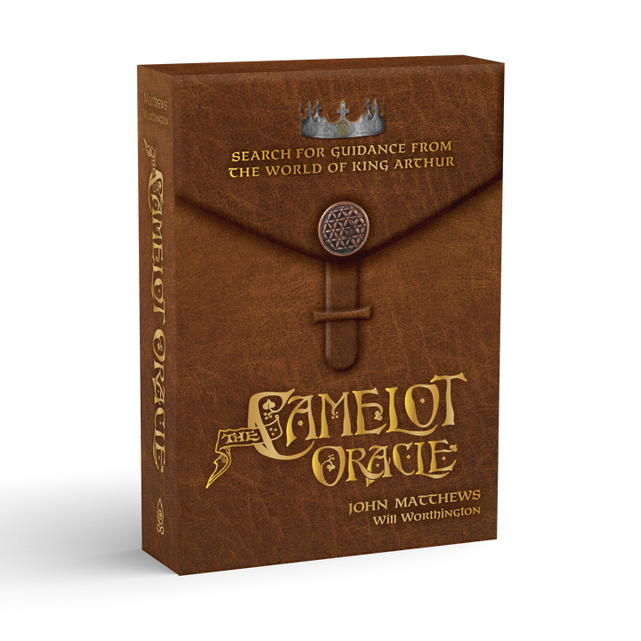 The Camelot Oracle by Schiffer Publishing, Ltd. is a brown box set featuring gold text and a circular brooch design, offering unique divination inspired by Arthurian myths.