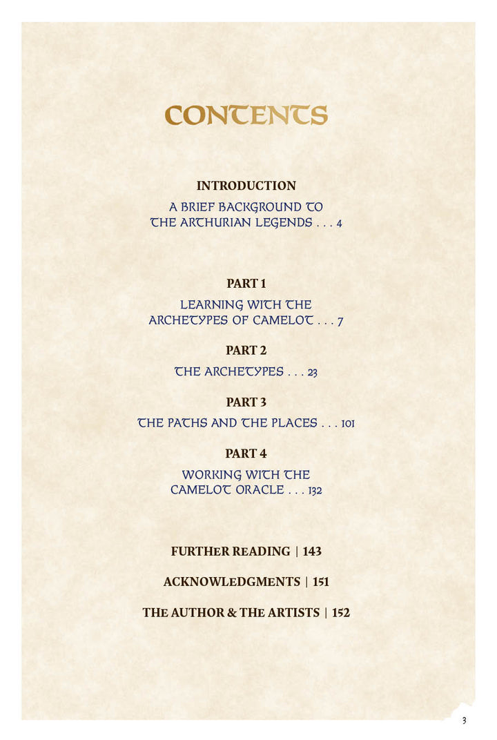 A centered table of contents on a light background lists Introduction, Parts 1–4, Further Reading, Acknowledgments, The Author & The Artists with page numbers—evoking Arthurian mystique befitting The Camelot Oracle by Schiffer Publishing, Ltd.