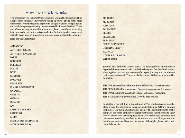 A two-page spread from Schiffer Publishing, Ltd.'s The Camelot Oracle details how to use this Arthurian-themed divination tool, listing its major character cards and providing four symbols plus keywords for each. Text only—no images included.