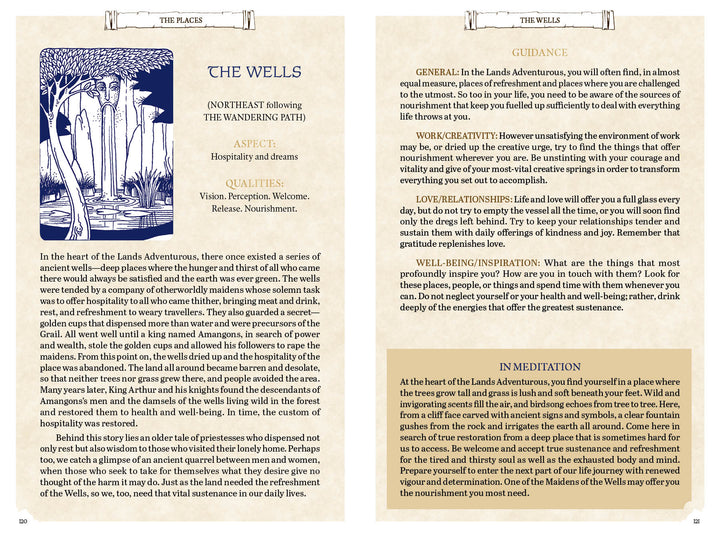 A spread from The Camelot Oracle by Schiffer Publishing, Ltd. features text on nourishment and inspiration beside art of tall stone wells amid trees; the right page provides guidance and meditation.