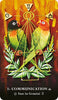 Two colorful parrots face each other on leafy branches amid rays and geometric symbols. The card reads “3- Communication” and “Sun in Gemini”—part of The MicroCosmic Oracle by Schiffer Publishing, Ltd. for astrological insight.