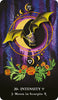 The MicroCosmic Oracle by Schiffer Publishing, Ltd. features a "20- INTENSITY - Moon in Scorpio" card showing a bat with outstretched wings above a crescent moon, purple rings, and marigolds on a dark cosmic backdrop.