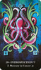 A stylized pink octopus is surrounded by green shapes, geometric lines, and astrological symbols on the MicroCosmic Oracle card from Schiffer Publishing, Ltd. The card shows 28 – Introspection, Mercury in Cancer, with more symbols below.