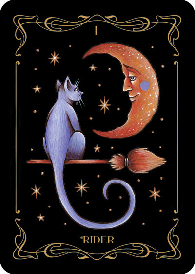 The Nocturnal Garden Lenormand by Schiffer Publishing, Ltd. features a mystical purple cat on a broomstick gazing at a crescent moon amid stars—ideal for deck collectors and moon journaling fans.