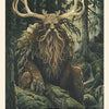 An illustration for Nordic Forest Rituals Oracle Cards by Schiffer Publishing, Ltd. shows Tapio, the forest spirit from Nordic folklore—antlered, with a long beard and mossy fur—amid dense trees. Text reads: “SPIRIT OF THE FOREST.”.
