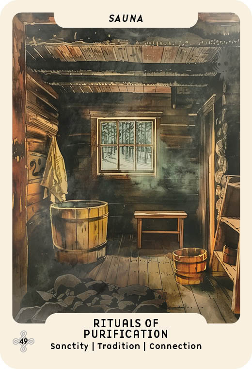 An illustration of a rustic wooden sauna with benches, bucket, and ladle. The card reads: SAUNA. Rituals of Purification. Sanctity | Tradition | Connection—reflecting Nordic folklore in Schiffer Publishing’s Nordic Forest Rituals Oracle Cards.