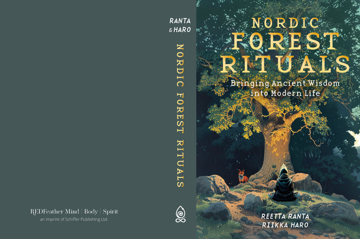 Book cover of "Nordic Forest Rituals Oracle Cards" by Schiffer Publishing, Ltd. Features two people under a glowing tree, evoking Nordic folklore and spirits. Subtitle: “Bringing Ancient Wisdom into Modern Life” by Reetta Ranta and Riikka Haro.