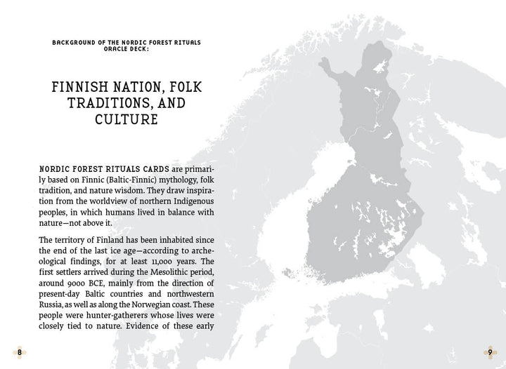 A book page titled "Finnish Nation, Folk Traditions, and Culture" discusses Schiffer Publishing, Ltd.'s Nordic Forest Rituals Oracle Cards, exploring Finnish history and ancient northern European hunter-gatherer cultures and forest spirits.