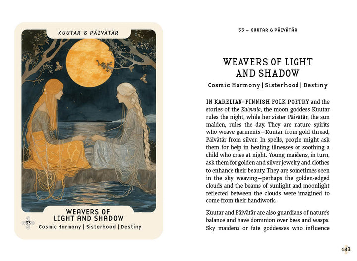 Two long-haired women in flowing dresses sit on grass beneath radiant trees at dusk, weaving together amid woodland—evoking Nordic folklore and the magic of Schiffer Publishing, Ltd.'s Nordic Forest Rituals Oracle Cards. Card shown: Weavers of Light and Shadow.
