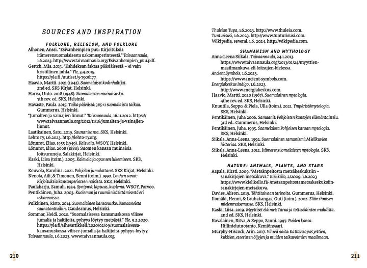 A book spread on pages 210–211 lists sources on folklore, religion, shamanism, and Nordic lore—including Nordic Forest Rituals Oracle Cards by Schiffer Publishing, Ltd.—with sections for authors, titles, publication info, and web links.