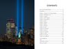 The image shows the Statue of Liberty lit up before New York City's skyline and twin blue beams for 9/11, symbolizing unity and remembrance. Next to it is a table of contents for "We Are All Americans" by Schiffer Publishing, Ltd.
