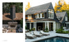 Shingle Style Houses by Schiffer Publishing, Ltd. features classic shingle style architecture with white trim, an outdoor patio, poolside lounge chairs, a landscaped garden, and a stone outdoor fireplace with seating.