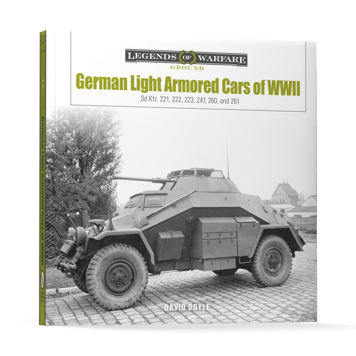 Book cover for German Light Armored Cars of WWII from Schiffer Publishing, Ltd., showing a black and white photo of a Wehrmacht light armored car on a cobblestone street lined with houses and trees.