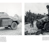 Left: Side view of a WWII German light armored car on cobblestone. Right: Three soldiers work atop similar vehicles in a wooded area. From "German Light Armored Cars of WWII" by Schiffer Publishing, Ltd.