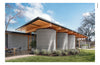Showcasing ideas from "10 Innovations That Will Shape Tomorrow's Architecture" by Schiffer Publishing, Ltd., a modern building with curved concrete walls and a flat roof stands amid greenery, with outdoor furniture arranged on gravel nearby.