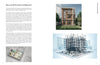 A magazine spread for Schiffer Publishing, Ltd.'s "10 Innovations That Will Shape Tomorrow's Architecture" features three images—a modern house rendering, digital building structure, and 3D floor plan—with text on the left side.