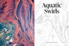 Split image with a vivid satellite view of Madagascar’s Betsiboka River on the left and a black-and-white line drawing on the right. Text reads “Aquatic Swirls.” From The Earth from Space Coloring Book by Schiffer Publishing, Ltd.