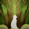 An illustration from The Liminal Woods Oracle by Schiffer Publishing, Ltd. shows a white fox on mossy rocks before an ancient tree in a green-brown forest. “2. Balance” is below, with a spiral above the fox.