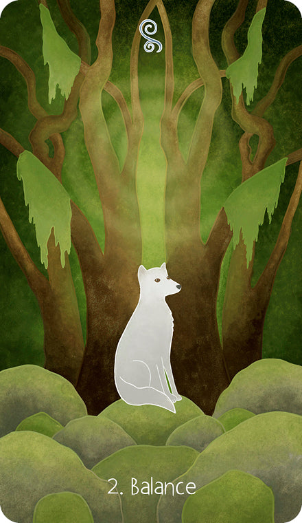 An illustration from The Liminal Woods Oracle by Schiffer Publishing, Ltd. shows a white fox on mossy rocks before an ancient tree in a green-brown forest. “2. Balance” is below, with a spiral above the fox.