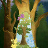 A glowing doorway-shaped portal appears in a large tree, revealing an enchanted forest filled with colorful mushrooms, flowers, and stones. A butterfly and an owl are perched nearby. Card 46 from The Liminal Woods Oracle by Schiffer Publishing, Ltd.