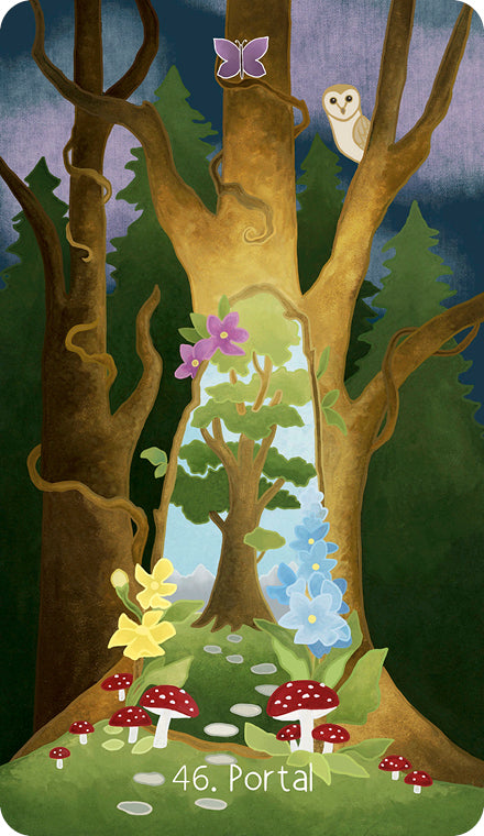 A glowing doorway-shaped portal appears in a large tree, revealing an enchanted forest filled with colorful mushrooms, flowers, and stones. A butterfly and an owl are perched nearby. Card 46 from The Liminal Woods Oracle by Schiffer Publishing, Ltd.