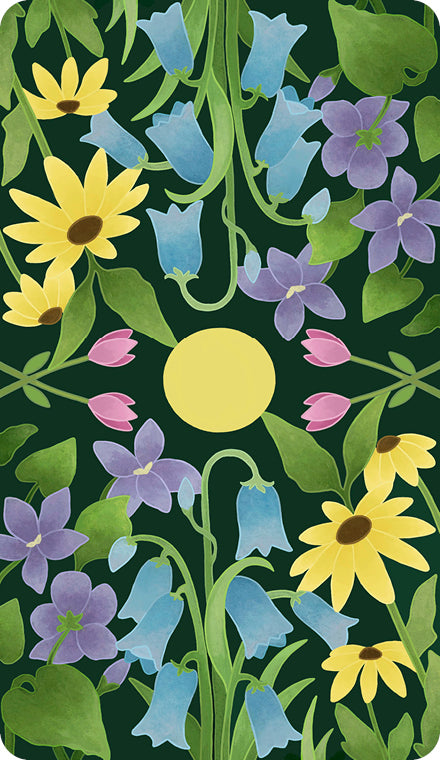 A vibrant illustration from The Liminal Woods Oracle by Schiffer Publishing, Ltd. features yellow daisies, bluebells, and lush blooms radiating around a yellow center on a dark green background, capturing the deck’s enchanted forest ambiance.