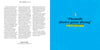 A striking visual history from Schiffer Publishing’s "Punk and New Wave Record Ads": left page with dense text and Martin Popoff’s short bio; right page displays a blue background with bold yellow and white “1 ‘Physically abusive guitar playing’ PROTOPUNK.”.