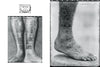 Black and white photo displays intricate geometric and tribal tattoos inspired by Tahitian art from "Tahiti Tattoos" by Schiffer Publishing, Ltd.—left image shows both calves; right highlights one leg and foot with detailed patterns.