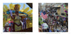 Left: A vibrant, feathered Mardi Gras float with a smiling performer. Right: Crowded Bourbon Street and a marching band, showcased in "New Orleans" by Schiffer Publishing, Ltd.