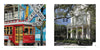 Left: A red streetcar rolls past a crossing sign in daylight. Right: A grand white house with columns and greenery stands under trees—ideal for "New Orleans" by Schiffer Publishing, Ltd.
