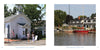 Left: Small white museum with American flag and visitors, reflecting Midwest vacation charm. Right: Red sailboats on calm water by waterfront homes at Shores & Islands Ohio. Brand: Schiffer Publishing, Ltd.