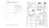 The Very Cozy Coloring Book by Schiffer Publishing, Ltd. offers a printable worksheet featuring a kitchen scene with stove, kettle, mugs, shelves, and window plus mug-shaped swatch spaces and lines for testing and noting your color selections.
