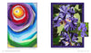 Two colorful quilts from "Designing for Foundation Paper Piecing" by Schiffer Publishing, Ltd.: one shows a vibrant abstract spiral, the other detailed purple irises with green stems and an inset close-up of the iris quilt’s texture.