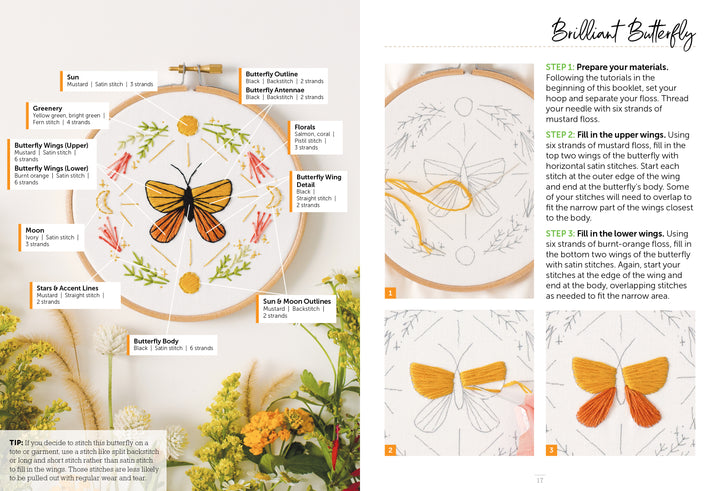 The Sunny Stitches Embroidery Kit Brilliant Butterfly by Schiffer Publishing, Ltd. features a vibrant butterfly with floral and leaf patterns. Step-by-step photos and instructional text guide you through stitching the wings by hand.