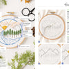 The Sunny Stitches Embroidery Kit Sunshine Pines by Schiffer Publishing, Ltd. features a mountain landscape design in a wooden hoop with sun, clouds, trees, and river. Includes tools, labeled diagrams, and step-by-step nature embroidery instructions.