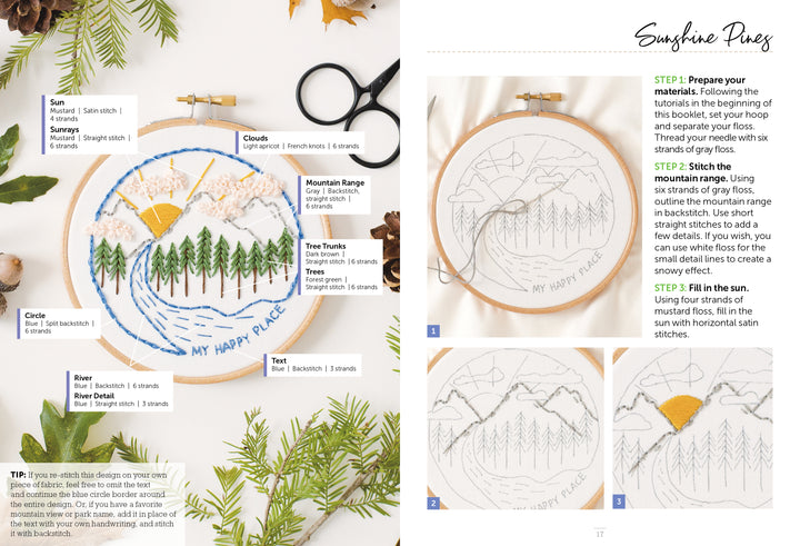 The Sunny Stitches Embroidery Kit Sunshine Pines by Schiffer Publishing, Ltd. features a mountain landscape design in a wooden hoop with sun, clouds, trees, and river. Includes tools, labeled diagrams, and step-by-step nature embroidery instructions.