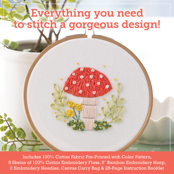 The Sunny Stitches Embroidery Kit Woodland Mushroom by Schiffer Publishing, Ltd. includes everything to stitch a red-and-white mushroom, green leaves, and yellow flowers—perfect for hand embroidery. Supplies are listed below.