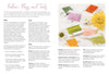 A spread from the Sunny Stitches Embroidery Kit Woodland Mushroom by Schiffer Publishing, Ltd. features sections on fabric, floss, tools, glue, needles, and transfer paper with pastel embroidery floss wound on bobbins in a white dish.